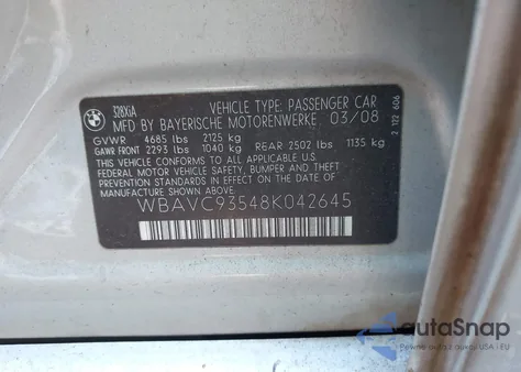 2008 BMW 328Xi из США, поврежденный, VIN WBAVC93548K042645